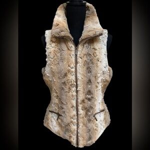 GO COCO FAUX FUR BROWN & CREAM PLUSH TEXTURED COZY SLEEVELESS FULL ZIP VEST SZ L